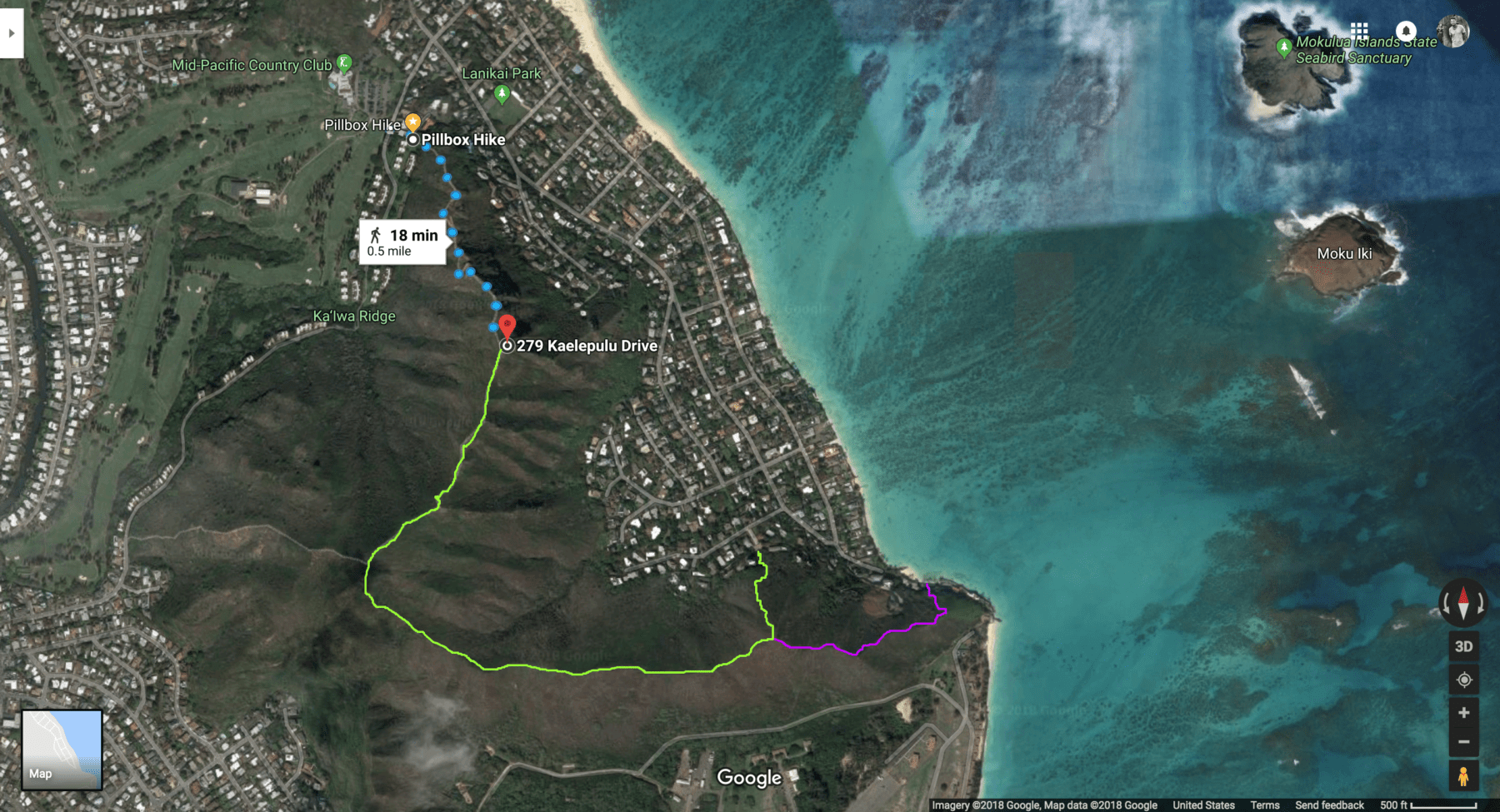 This map shows you the standard "Pillbox Hike" out-and-back trail as a blue dotted line. Lauren & I continued on along the Ka'aiwa Ridge which I've shown as a green line on the above map.